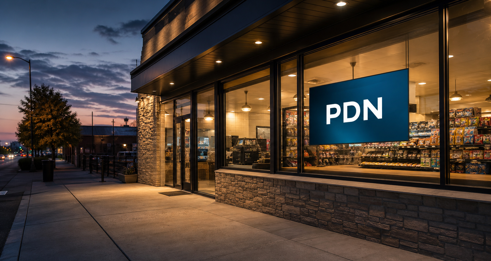 Convenience store storefront with a PDN screen in the window